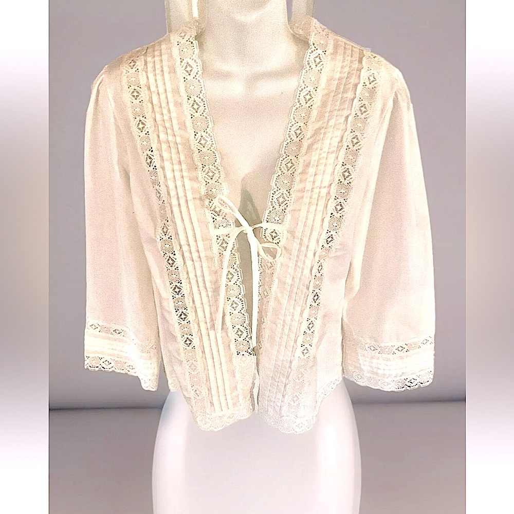 🌟OPEN TIE LACE COTTON 3/4 SLEEVE VTG SHRUG BLOUSE TOP🌟